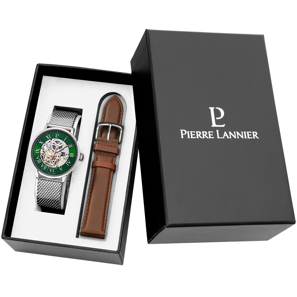 Montre homme Pierre Lannier AUTOMATIC 390C171 – cadran vert bracelet cuir marron – vue de face