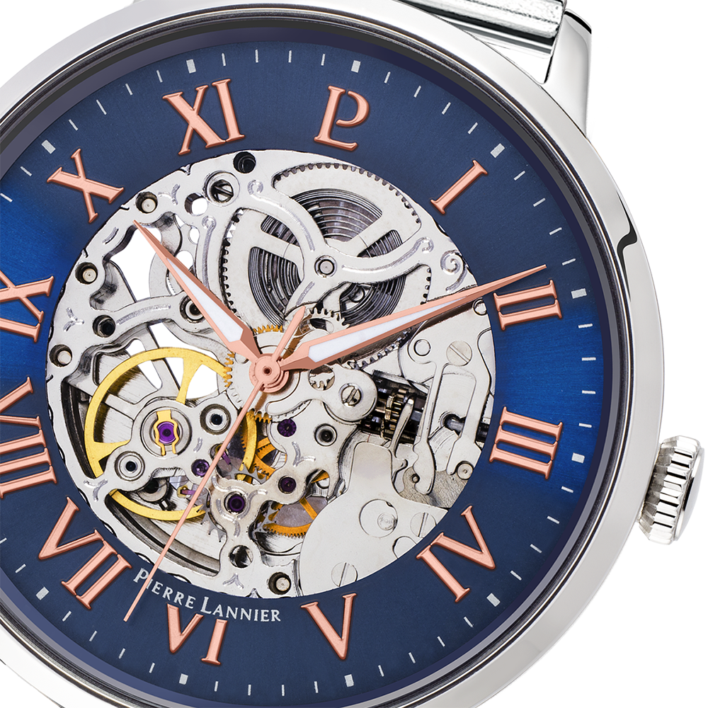Montre homme Pierre Lannier AUTOMATIC 391C168 – cadran bleu bracelet cuir marron – vue 4
