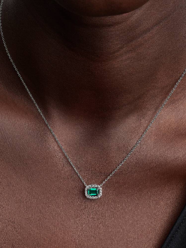 Pandora Necklace - Rectangular Sparkling Green Halo Pendant | 394503C01