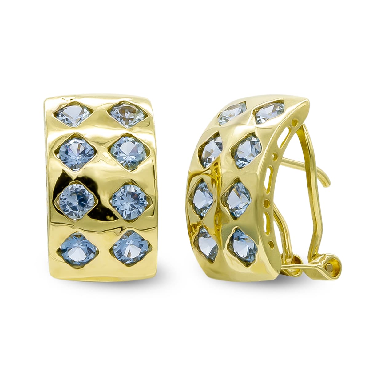 18K Boucles d'oreilles Or Jaune et Pierre Aigue-marine 15X8MM Fermoir Omega