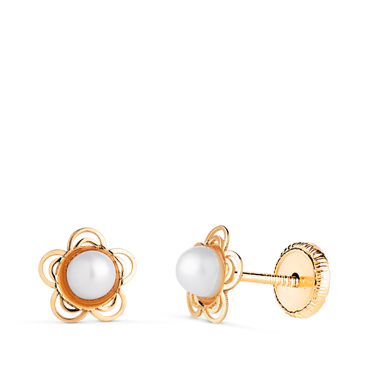 Pendientes Oro Amarillo 18K Flor Calada con Perla 3MM Tamaño: 6 mm Cierre Rosca