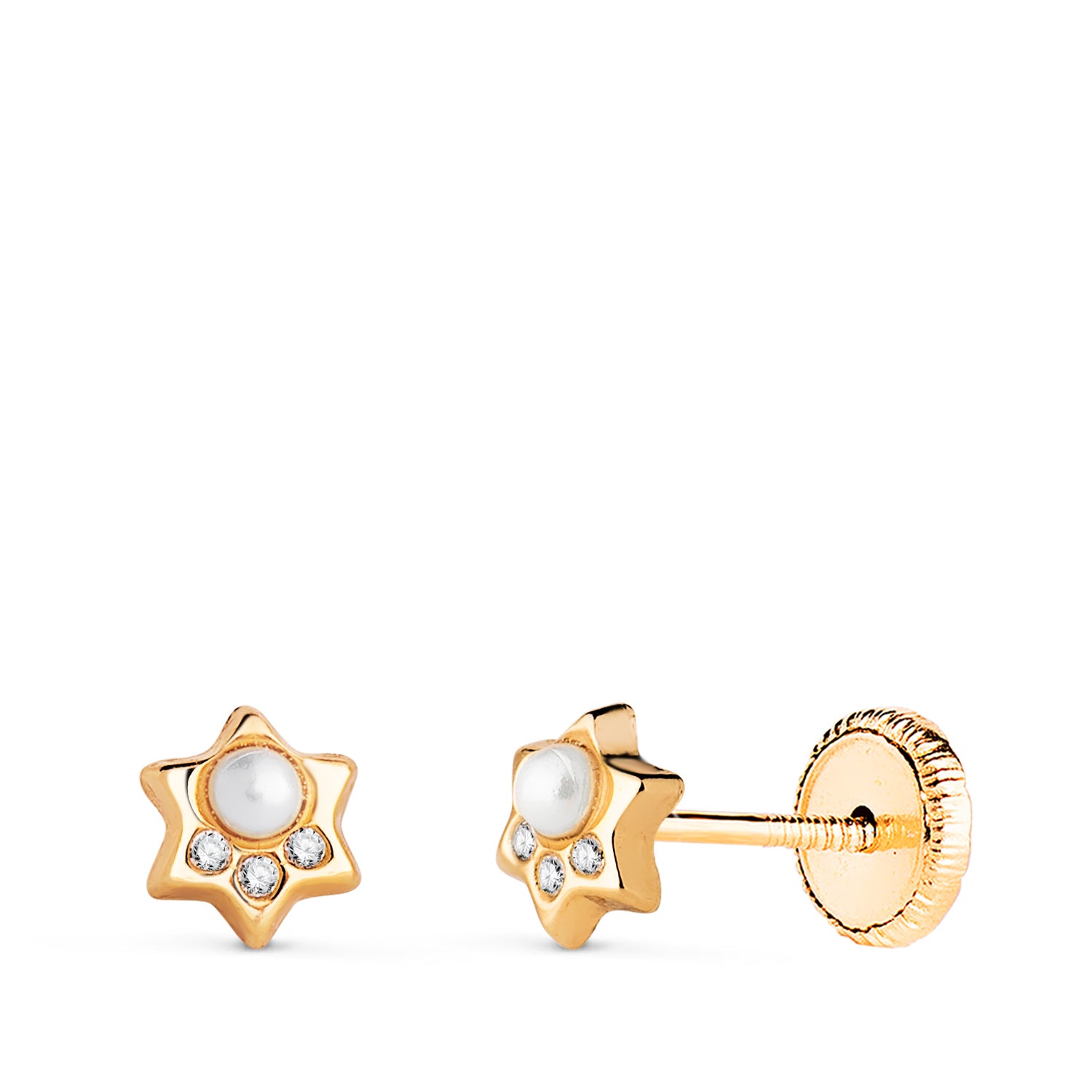 Boucles d'oreilles en Or Jaune 18K Étoile avec Perle et Zirconia Taille : 6X5MM Fermoir a Vis