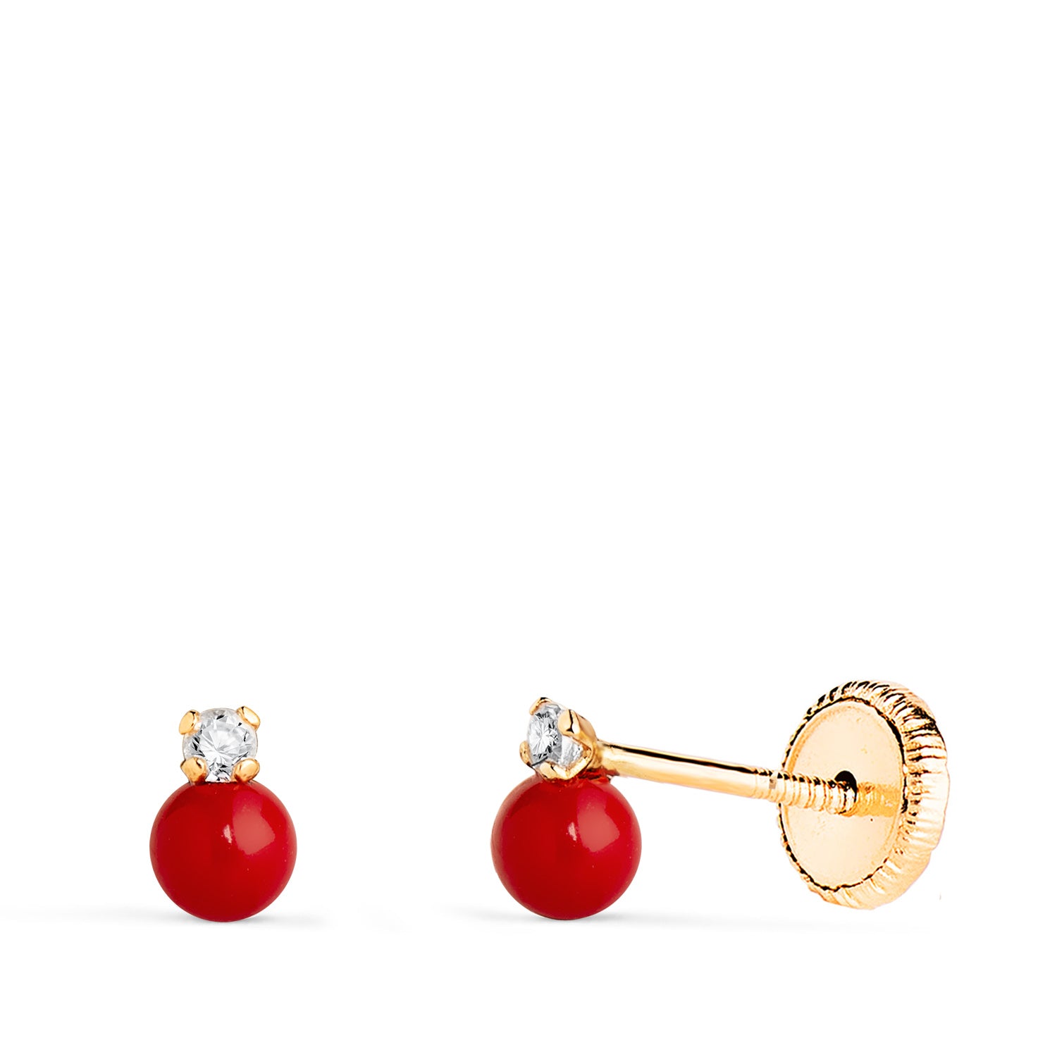 18K Boucles d'oreilles Or Jaune Zircons et Corail 5X3 mm Fermoir à Vis