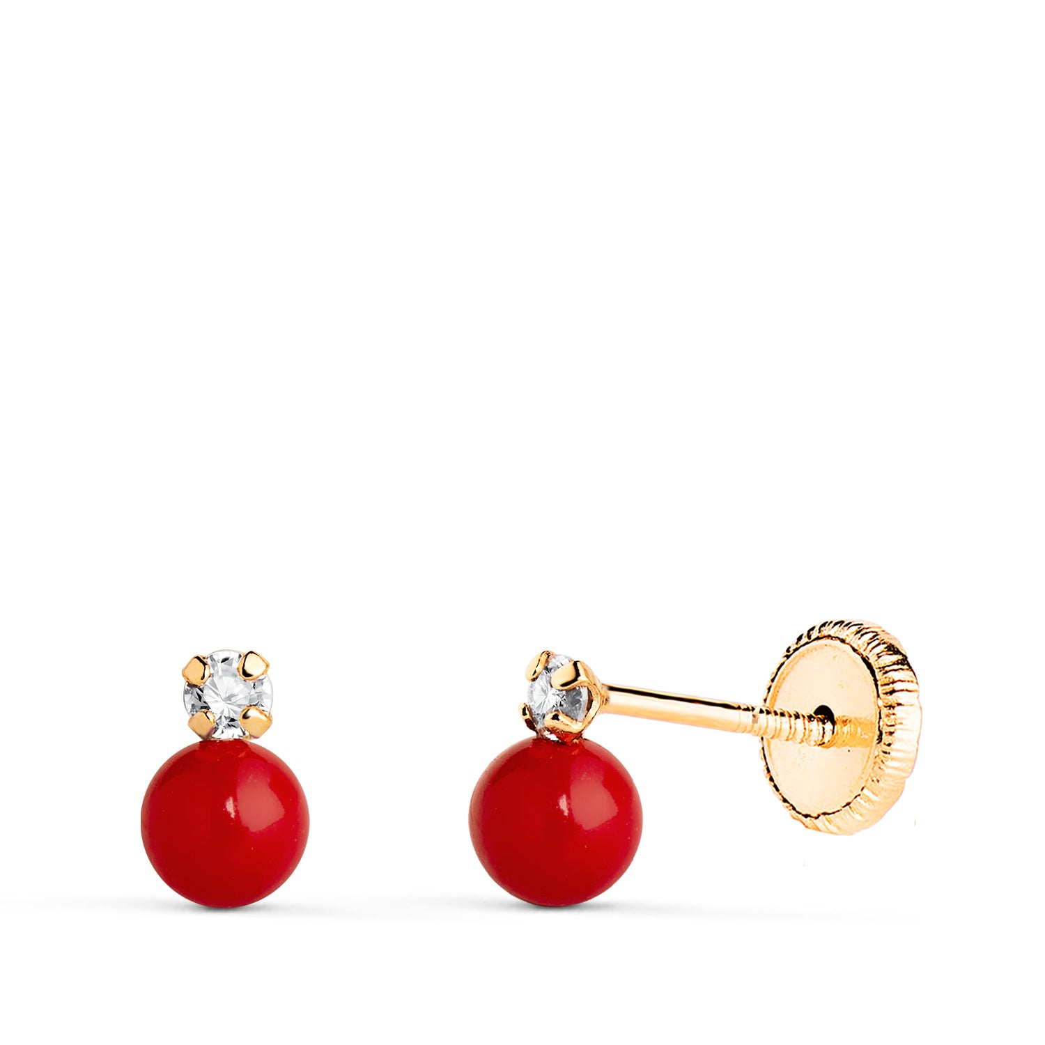 Boucles d'oreilles en Or Jaune 18 Carats « Toi et Moi » avec Corail et Zircone Synthétique en Griffes. Dimensions : 7 X 4,5 Mm. Fermoir à Vis.