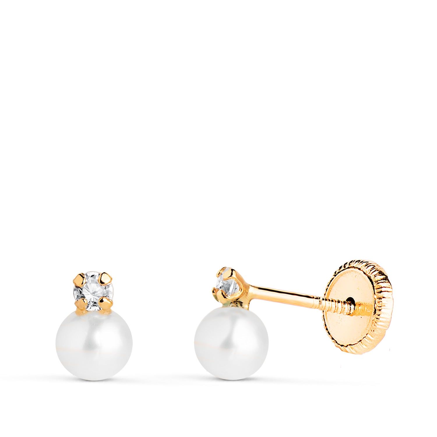 Boucles d'oreilles en Or Jaune 18 Carats « Toi et Moi » avec Perles et Zircone Synthétique en Griffes. Dimensions : 7 X 4,5 Mm. Fermoir à Vis.