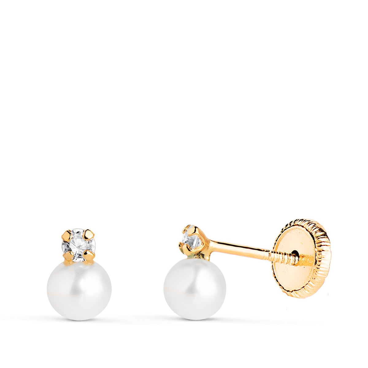 Clous d'oreilles Toi et Moi oxyde de zirconium – Or jaune 18 carats – 4 mm / Perle