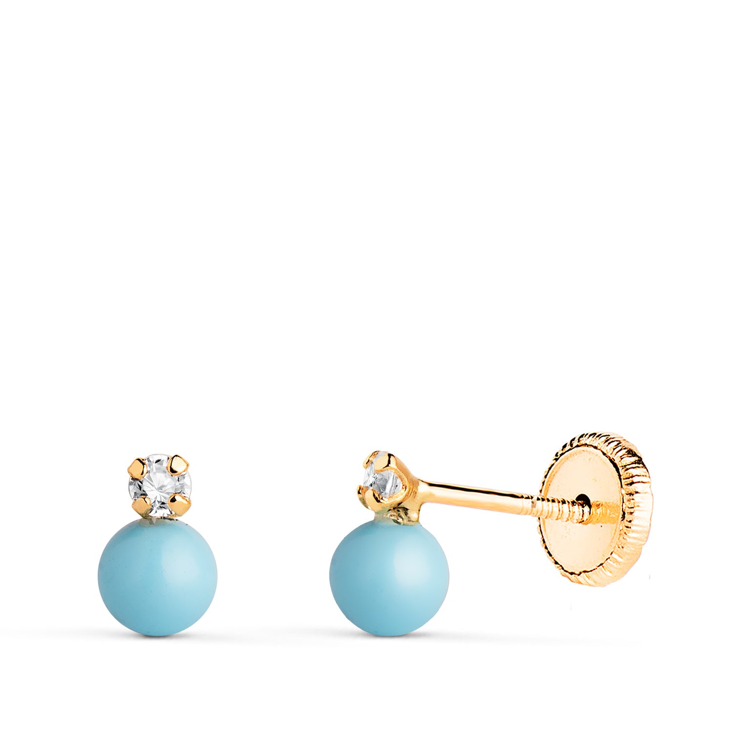 Pendientes “Tú y Yo” de Oro Amarillo de 18K con Turquesas y Circonitas Sintéticas en Garras. Dimensiones: 7 x 4,5 mm. Cierre de rosca.