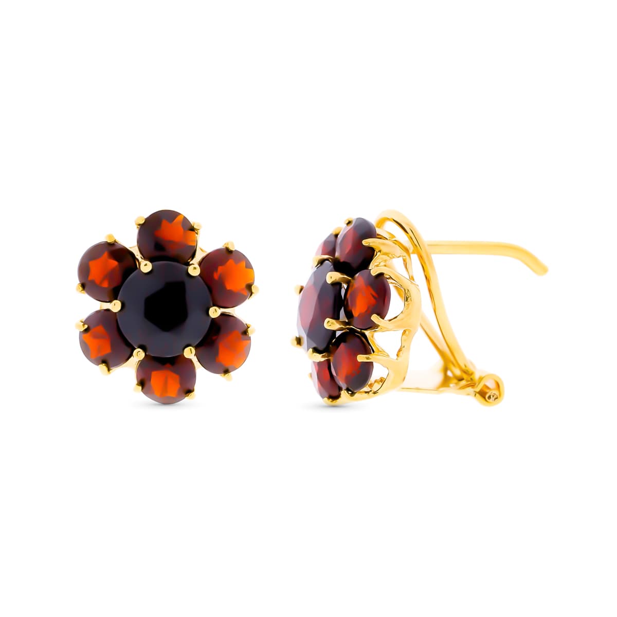 18K Boucles d'oreilles Or Jaune et Grenats 12 X 12 mm Fermoir Omega