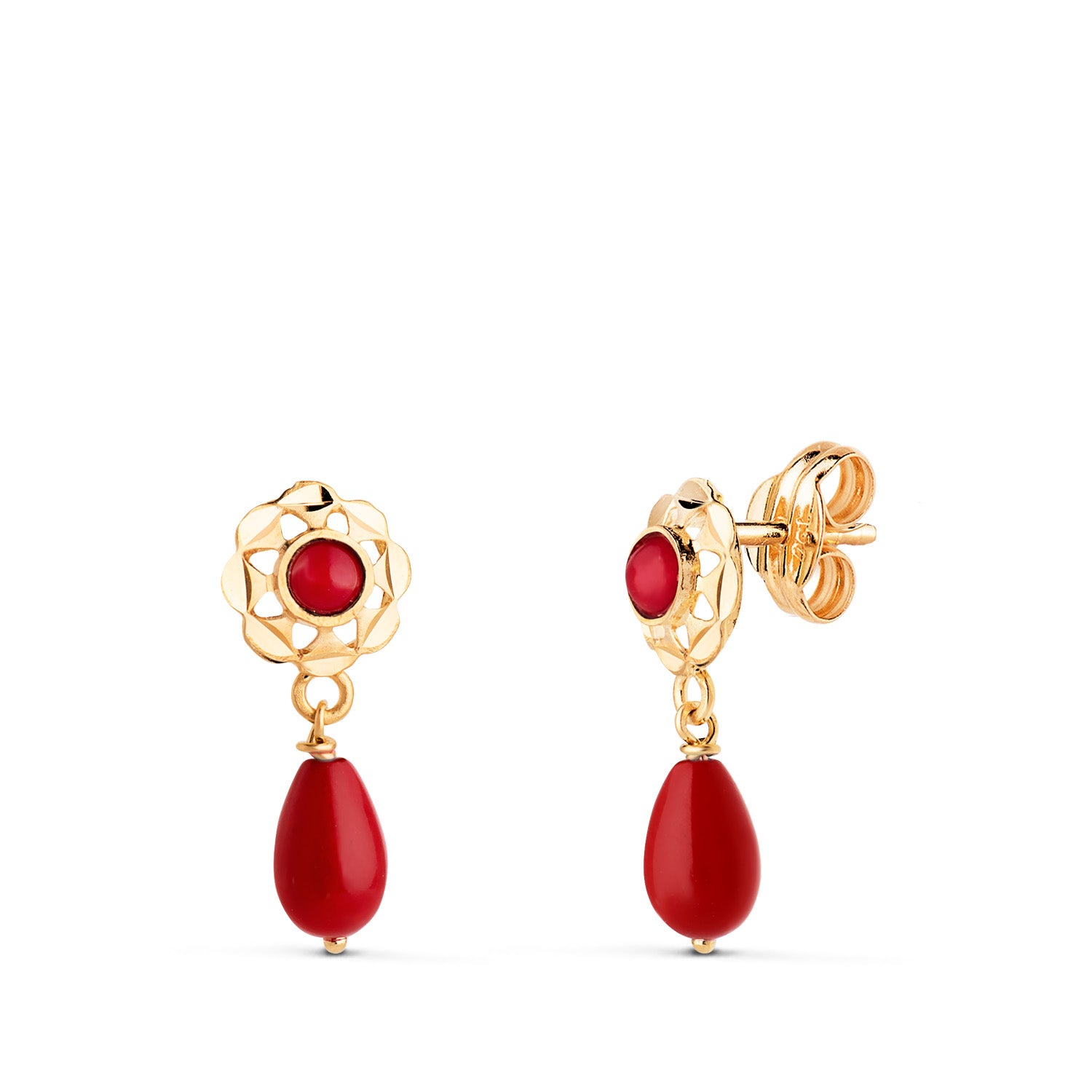 Boucles d'oreilles Cubaines en Or Jaune 18K avec Corail Rond et Larme 15X6 mm Fermeture à Pression