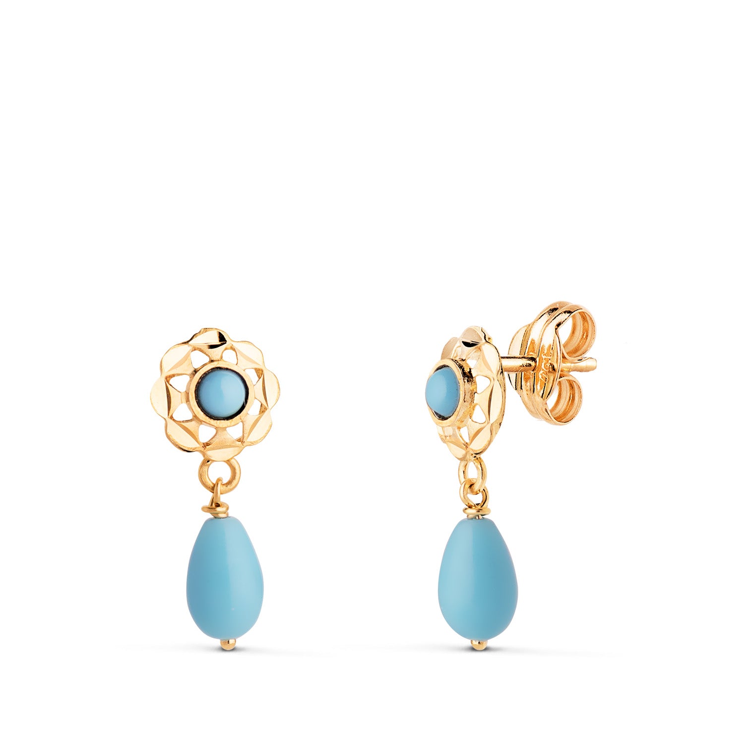 Boucles d'oreilles Cubaines en Or Jaune 18K avec Turquoise Ronde et Larme 15X6 mm Fermeture à Pression