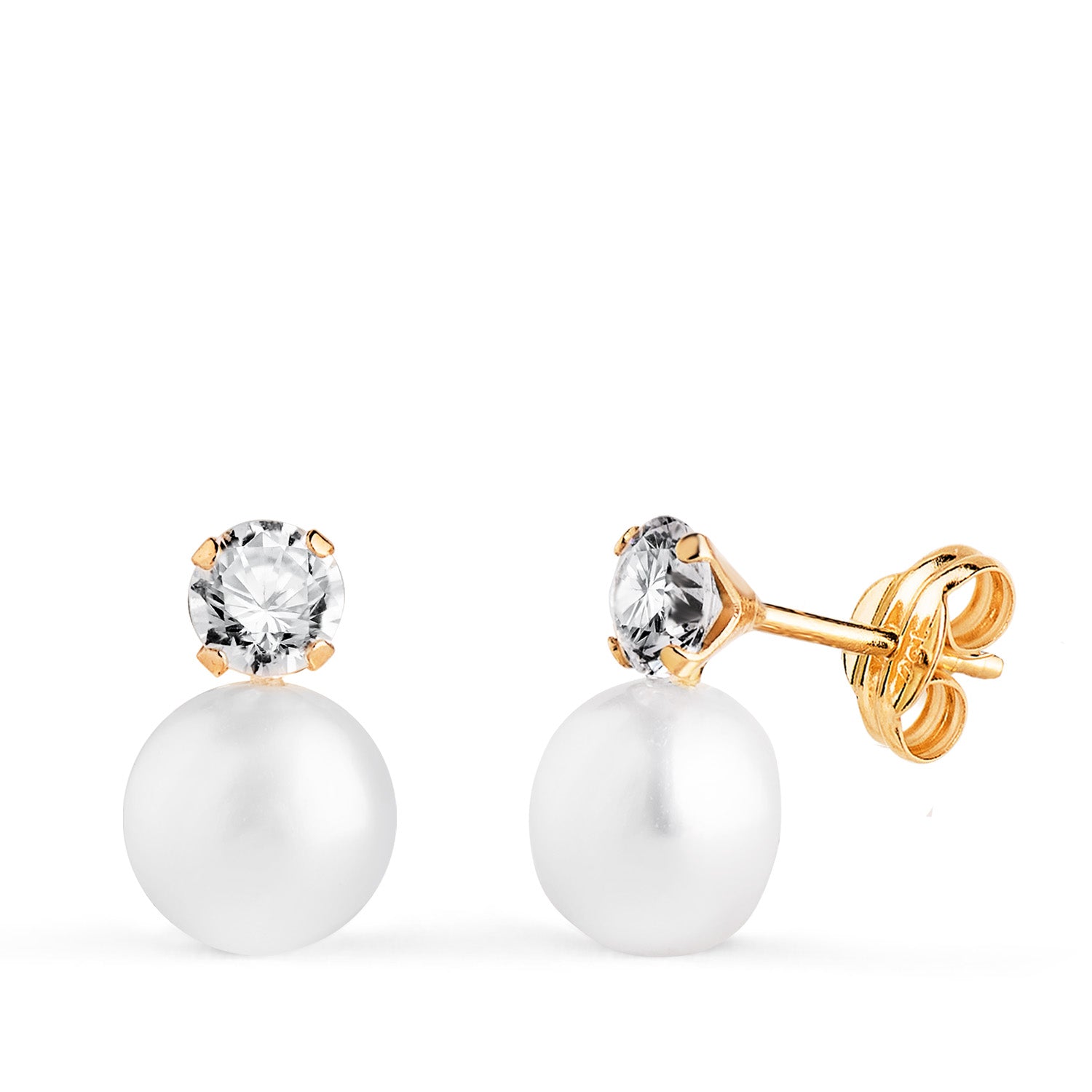 Boucles d'oreilles Or Jaune 18K Toi et Moi Perle avec Zircon Cubique 4 Griffes Taille : 11,5 X 7 mm Bouton Pression