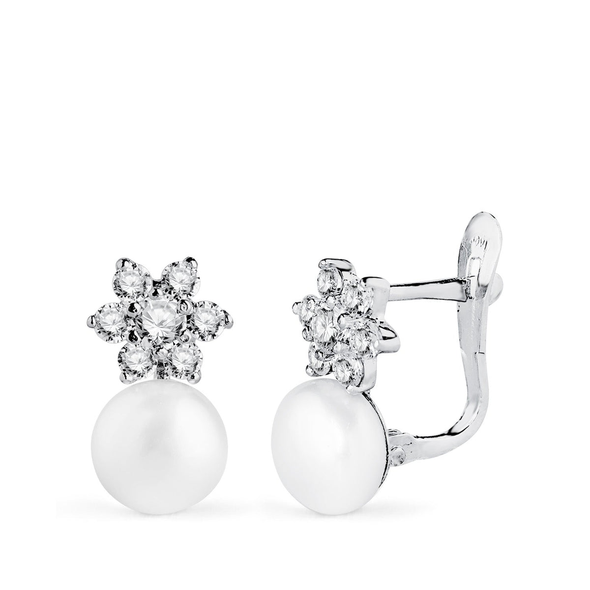 Boucles d'oreilles perle et fleur d'oxydes de zirconium – Or 18 carats – Or blanc