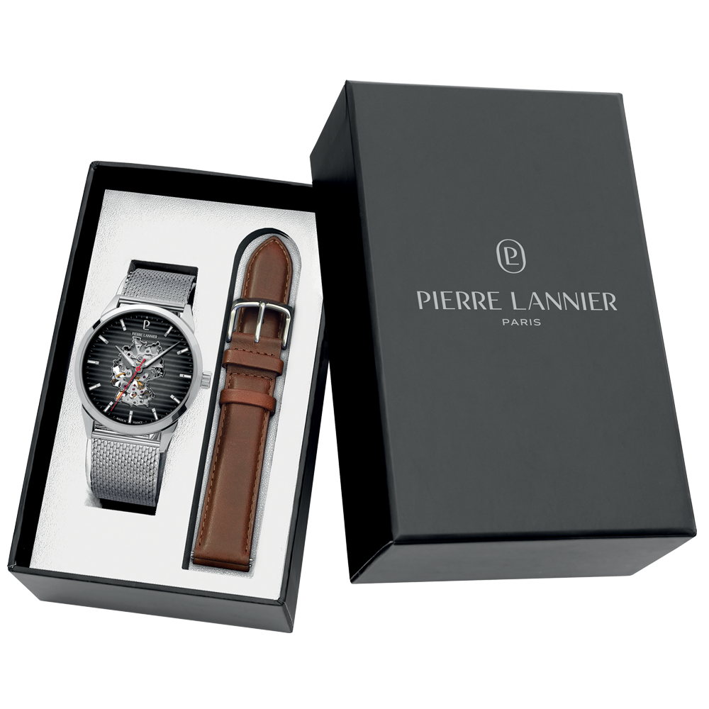 Montre homme Pierre Lannier MONARCK 433C131 – cadran noir bracelet cuir marron – vue de face