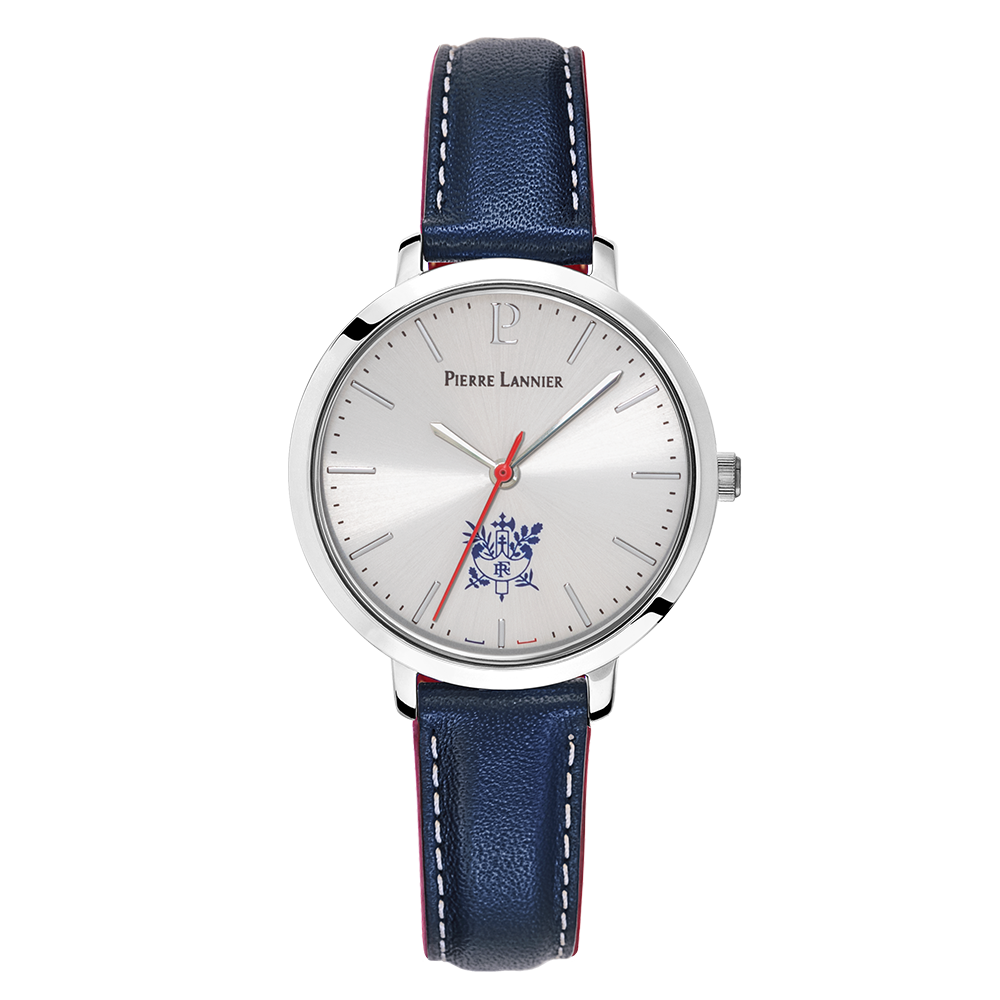 Montre femme Pierre Lannier ÉLYSÉE PRÉSIDENCE DE LA RÉPUBLIQUE 453D626 – cadran argenté bracelet cuir bleu – vue de face