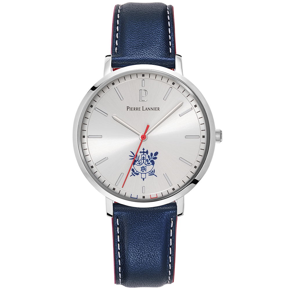 Montre homme Pierre Lannier ÉLYSÉE PRÉSIDENCE DE LA RÉPUBLIQUE 454D126 – cadran argenté bracelet cuir bleu – vue de face