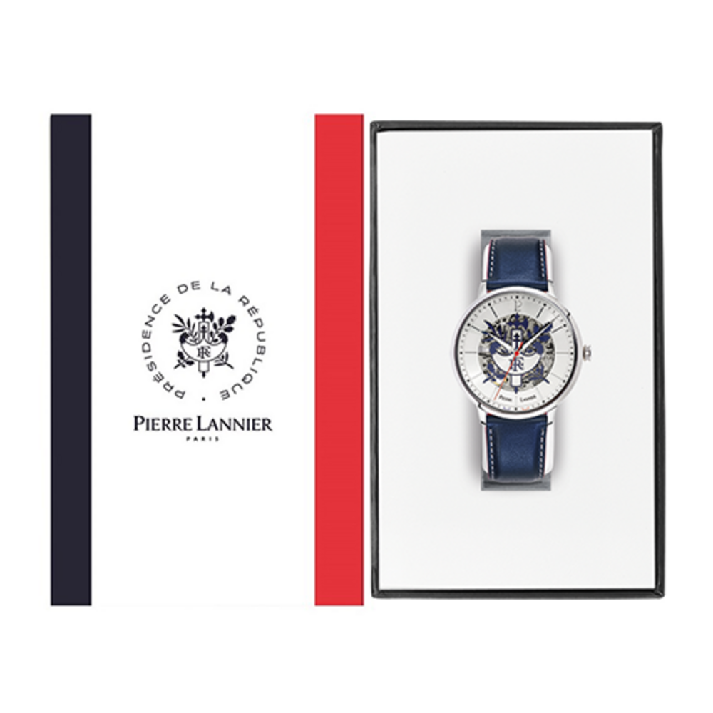 Montre homme Pierre Lannier ÉLYSÉE PRÉSIDENCE DE LA RÉPUBLIQUE 456D126 – cadran argenté bracelet cuir bleu – vue 3