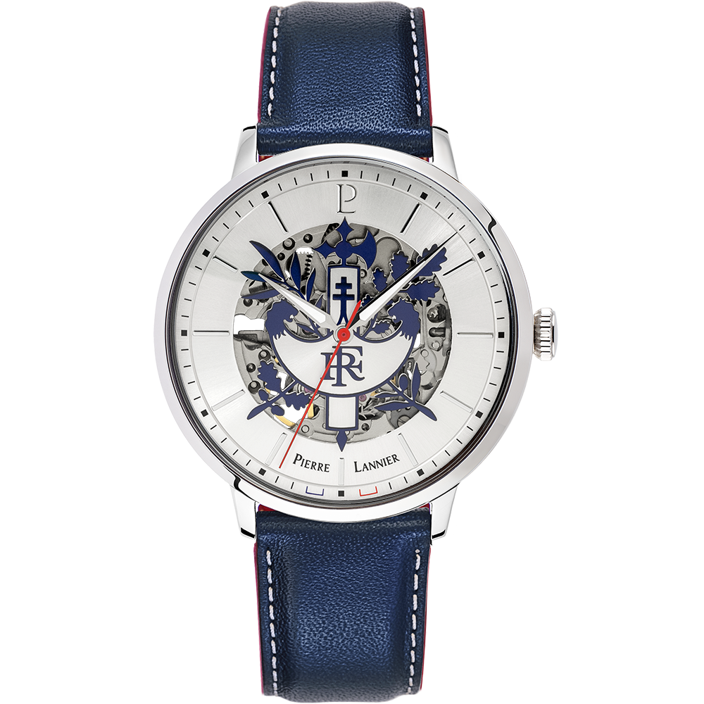 Montre homme Pierre Lannier ÉLYSÉE PRÉSIDENCE DE LA RÉPUBLIQUE 456D126 – cadran argenté bracelet cuir bleu – vue de face