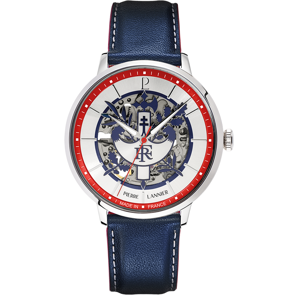 Montre homme Pierre Lannier ÉLYSÉE PRÉSIDENCE DE LA RÉPUBLIQUE 456D196 – cadran argenté bracelet cuir bleu – vue de face