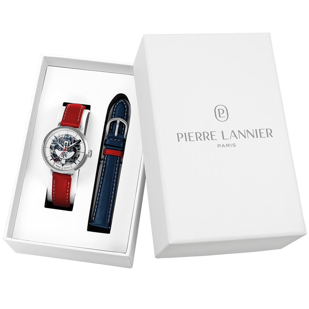 Montre femme Pierre Lannier ÉLYSÉE PRÉSIDENCE DE LA RÉPUBLIQUE 457G625 – cadran argenté bracelet cuir rouge – vue de face