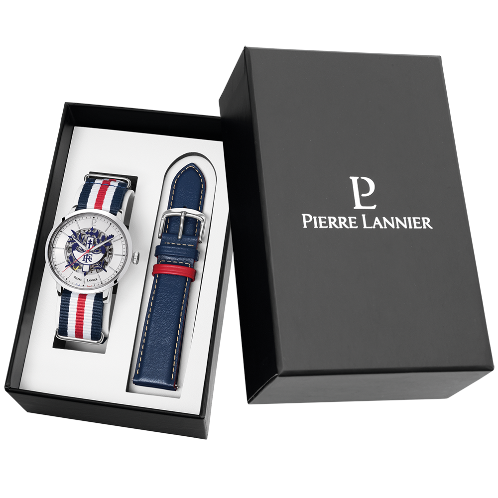 Montre homme Pierre Lannier ÉLYSÉE PRÉSIDENCE DE LA RÉPUBLIQUE 459C129 – cadran argenté bracelet nylon multicolore – vue de face