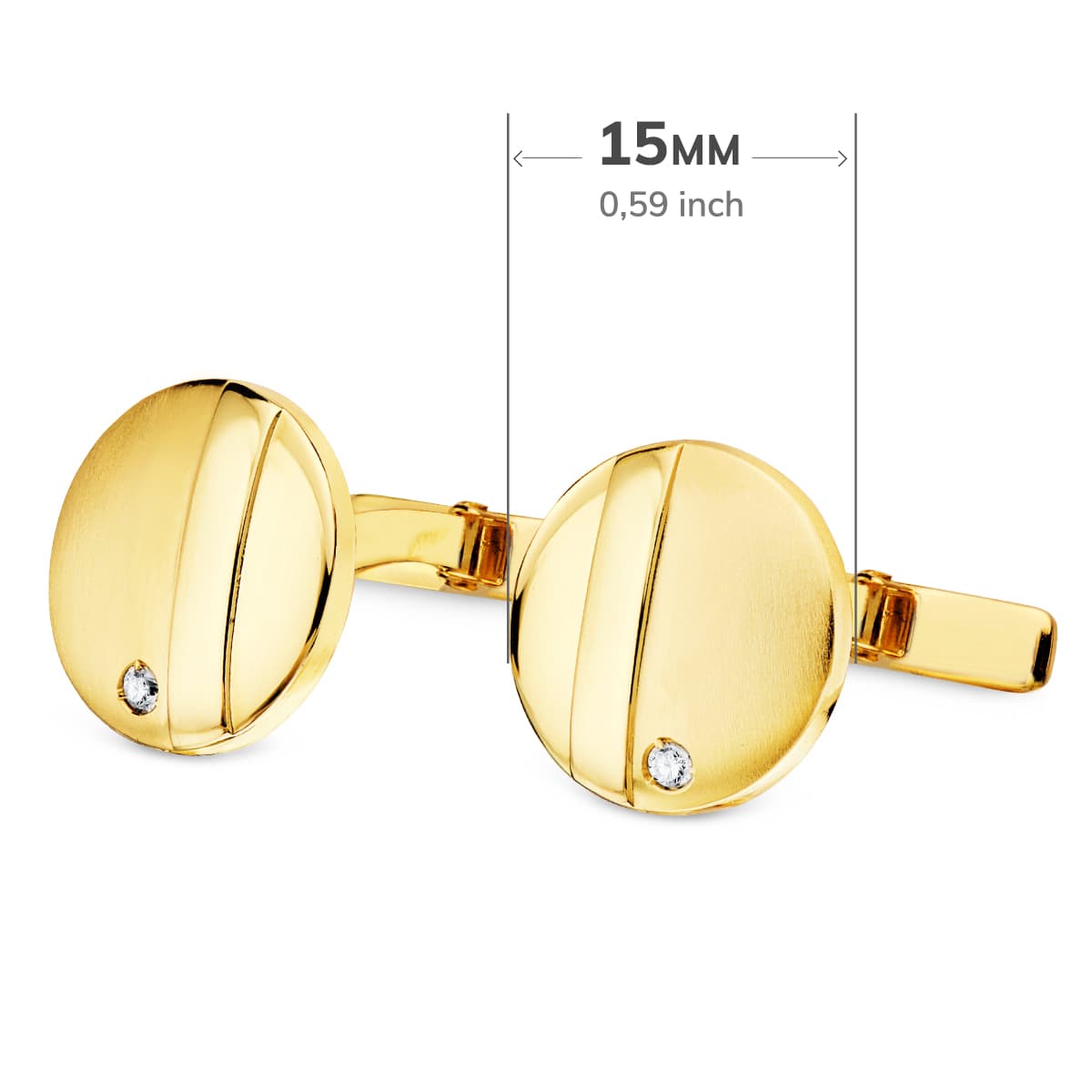 Boutons de Manchette Ronds Or Jaune Brillant Mat 15MM Fermoir Pivotante Rigide Zircone
