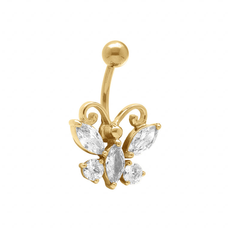 Piercing nombril papillon en acier doré avec oxydes blancs