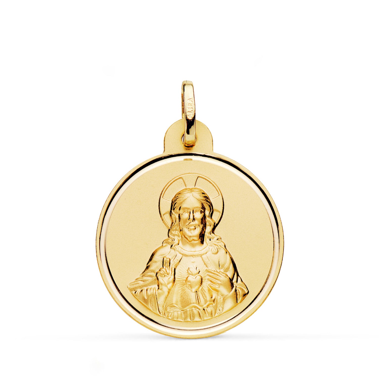 Medallón Oro Amarillo 18K Cristo Sagrado Corazón de Jesús Bisel 24 mm