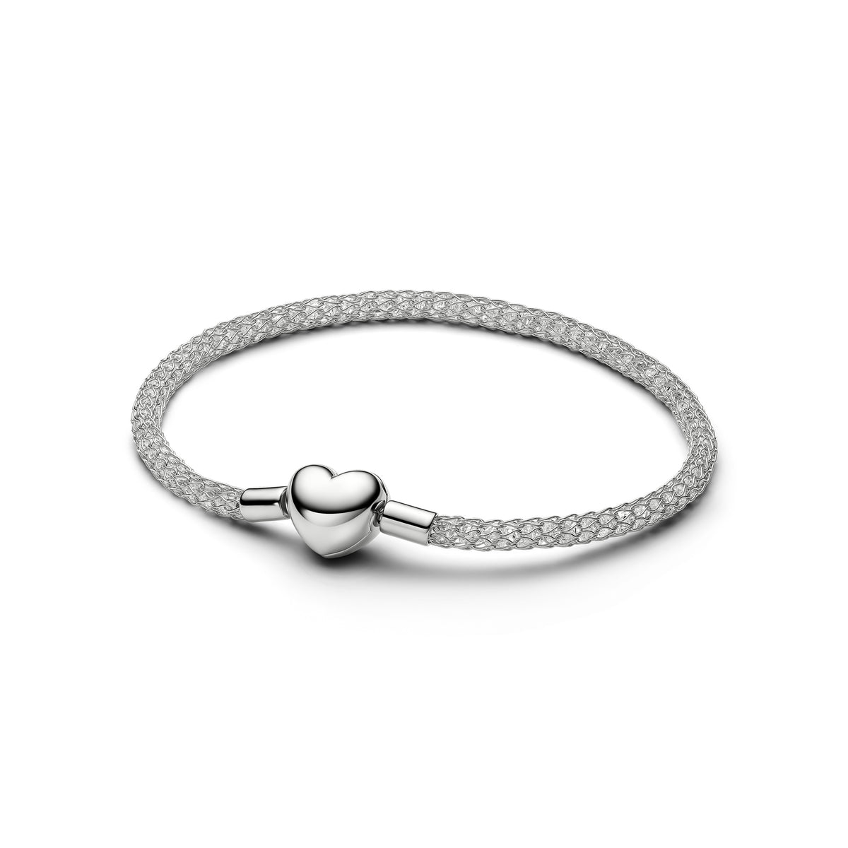 Bracelet Maille Tissée Scintillant Fermoir Cœur Plaqué Platine