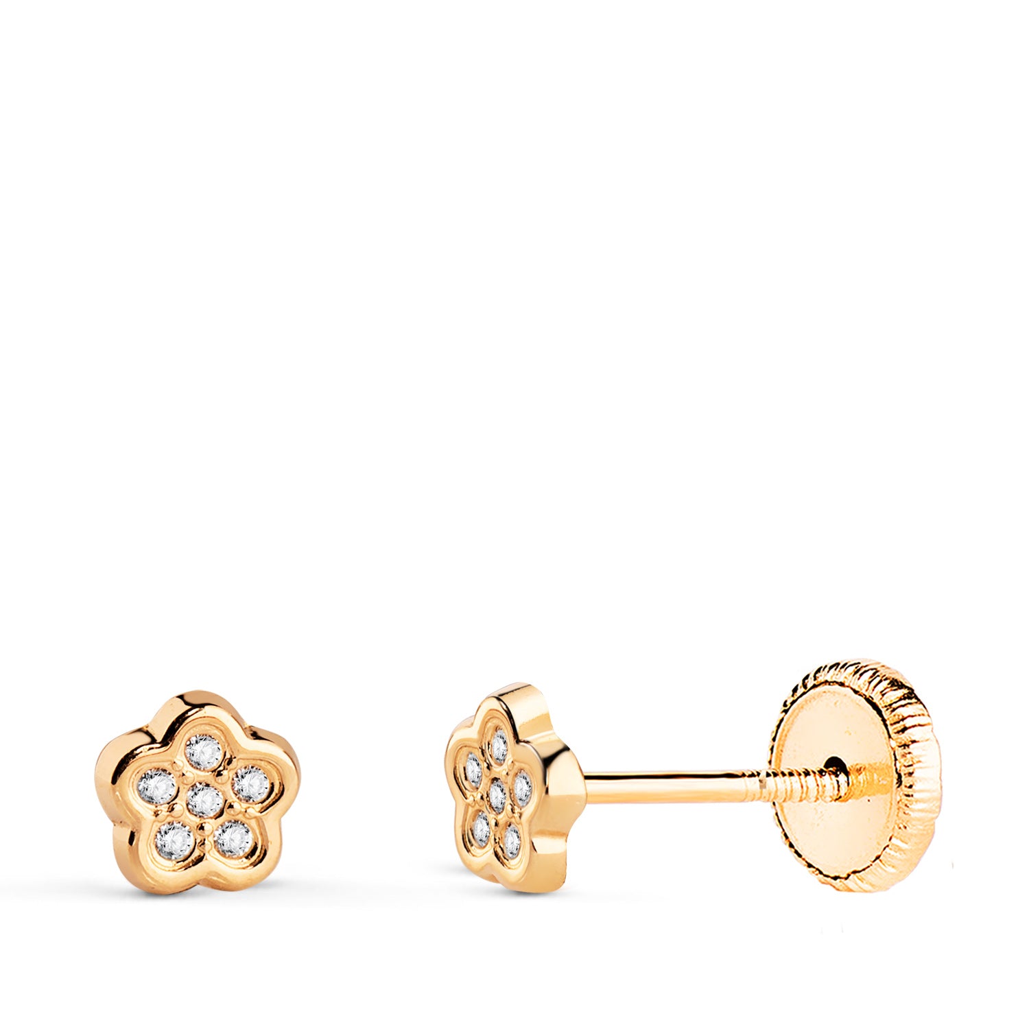 Boucles d'oreilles en Or Jaune 18 Carats en Forme de Fleur avec Zircons Synthétiques. Dimensions : 5 X 4,5 Mm. Fermoir à Vis.
