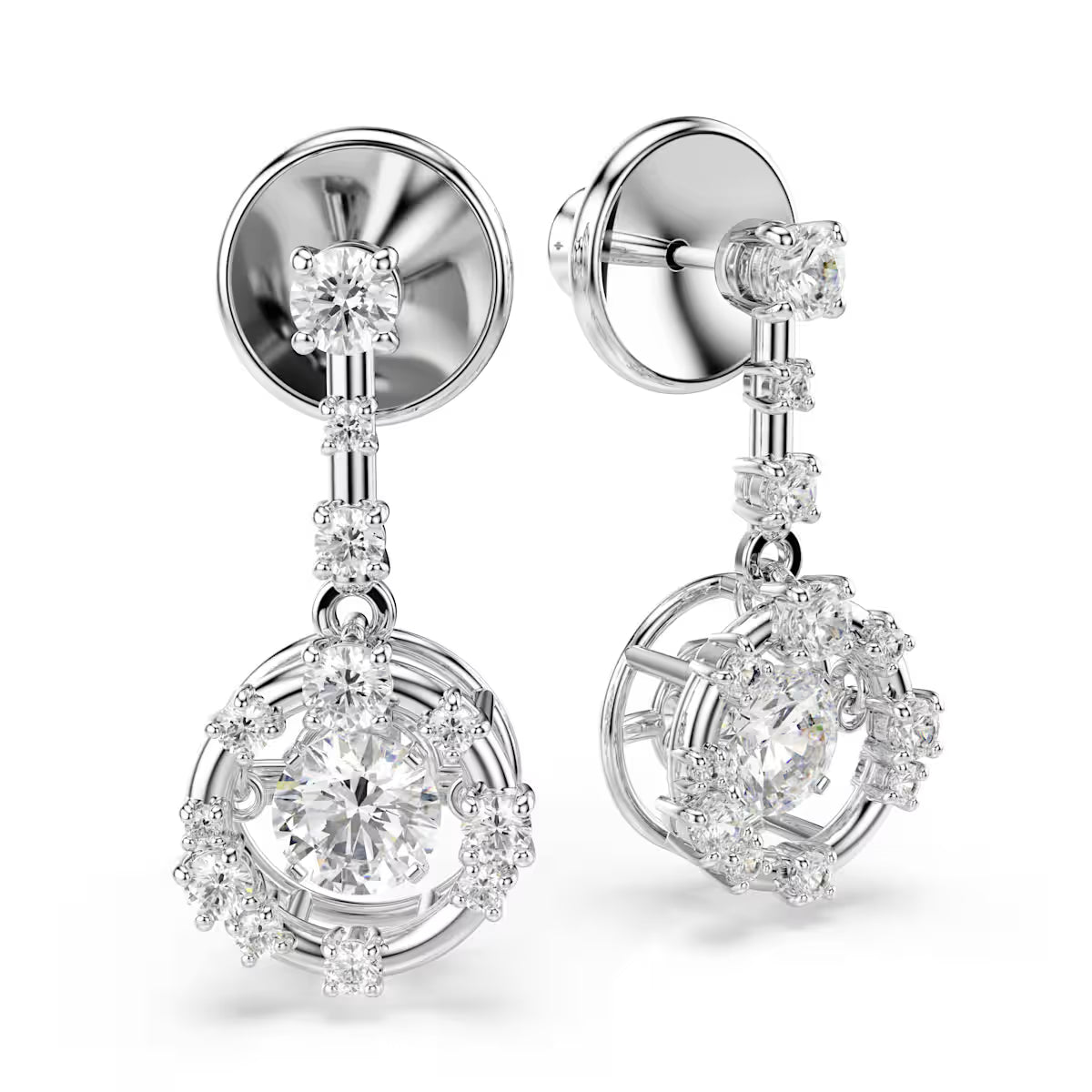 Constella pendant earrings, Round cut, Dancing stone, White, Rhodium-plated metal view 3