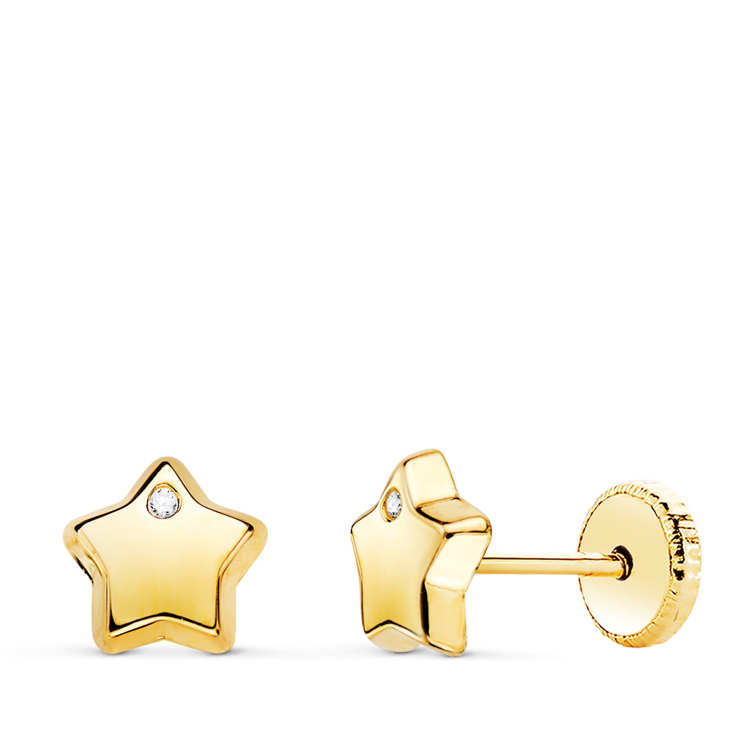 Boucles d'oreilles en Or Jaune 18K avec Étoile Brillante et Zircon 6,5X6,5 mm Fermeture à Écrou