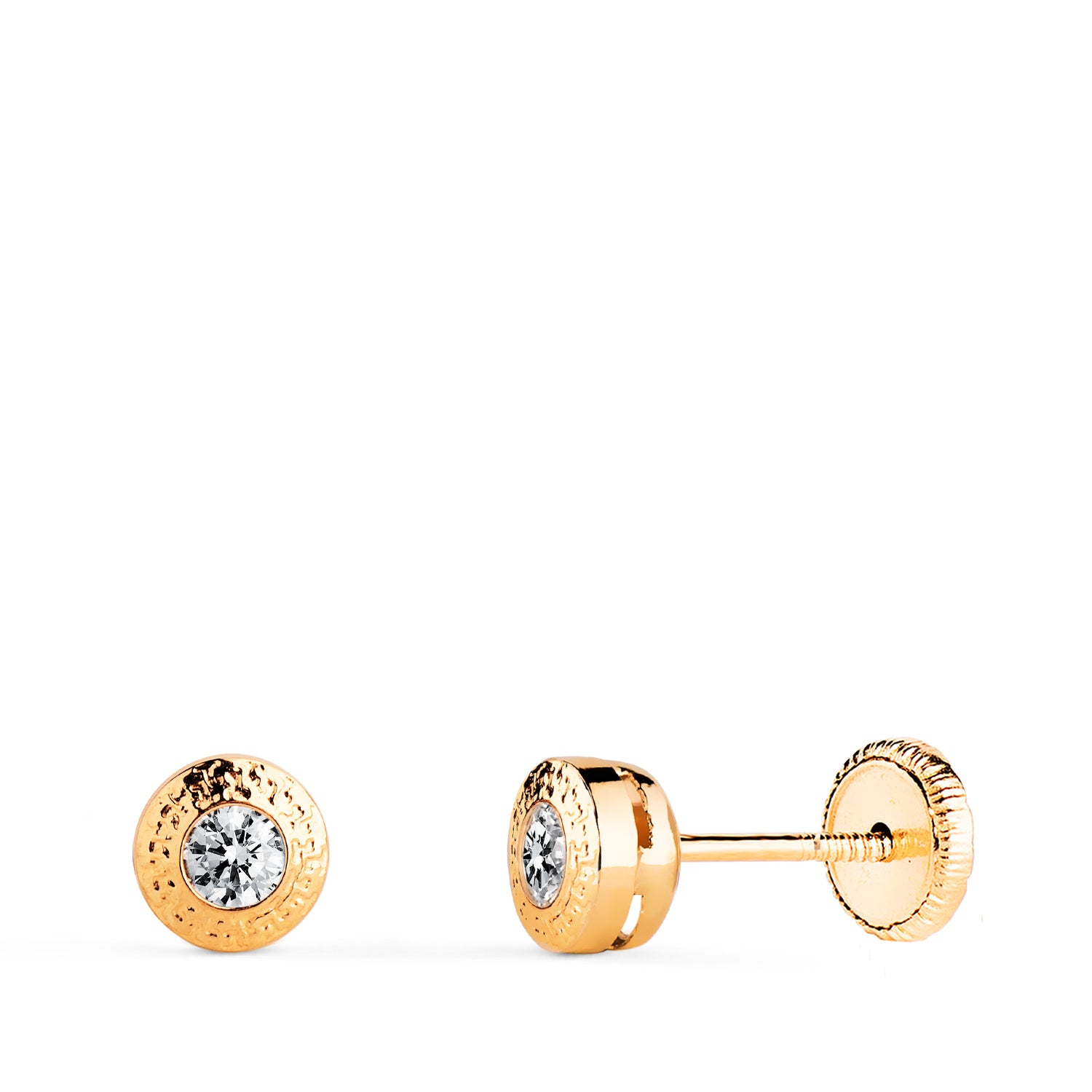 Boucles d'oreilles Rondes 5 mm en Or Jaune 18K avec Greca et Zircone Fermoir a Vis