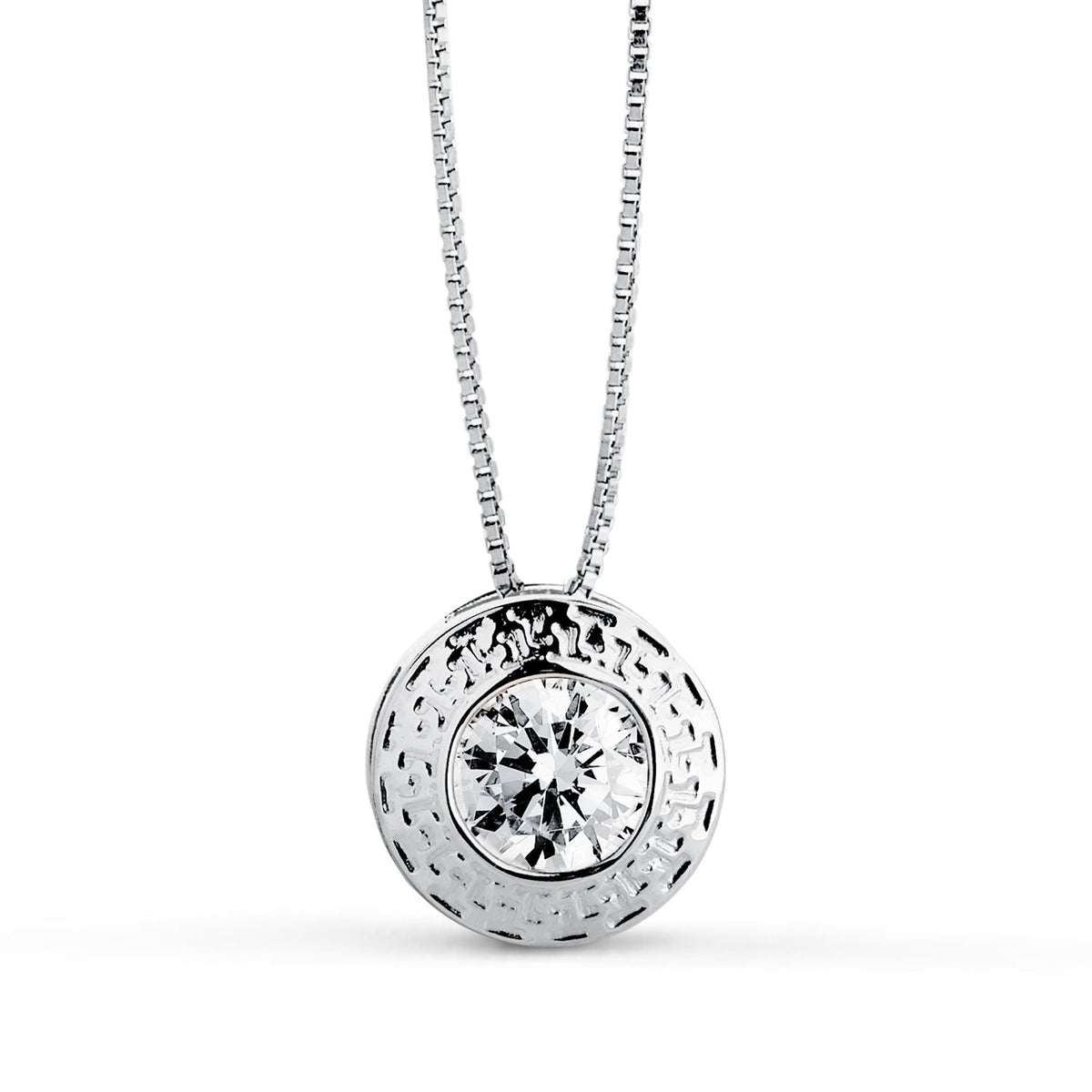 Collier chaton bordure décorative oxyde de zirconium – Or 18 carats – Or blanc