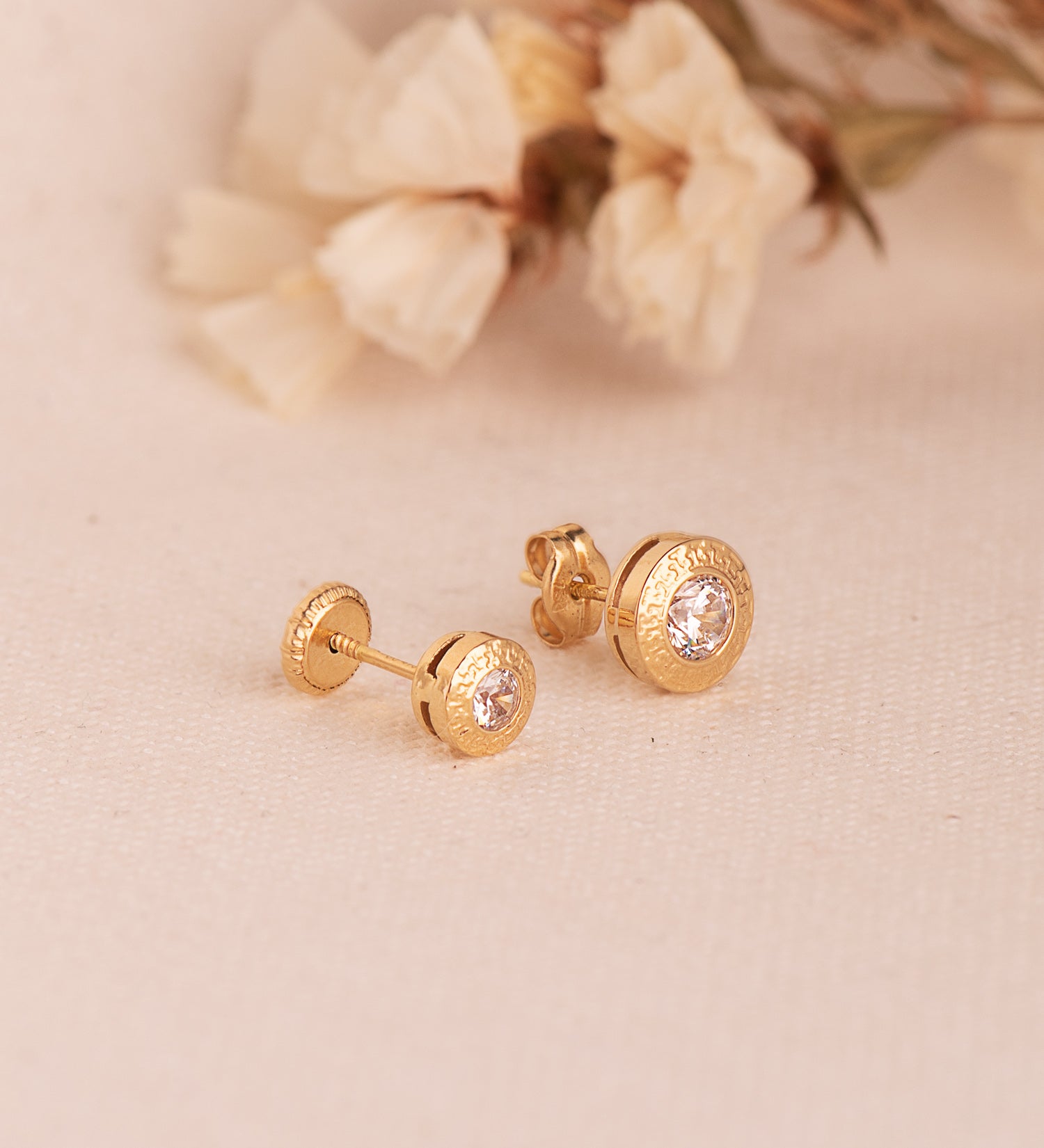 Boucles d'oreilles Or Jaune 18K Rondes 7 mm avec Greca et Zircone Fermoir Poussettes Papillon