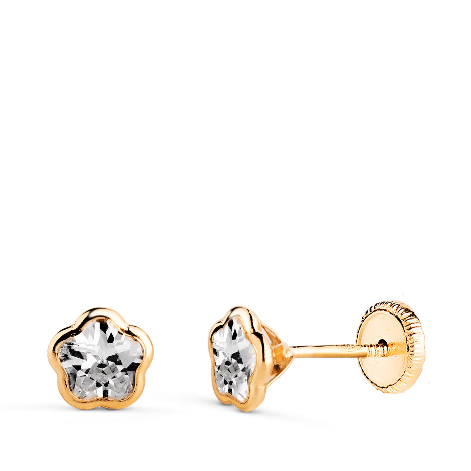 Boucles d'oreilles Or Jaune 18K Chaton Fleur Zirconia Taille : 5,5 X 5,5 mm Fermeture à Écrou