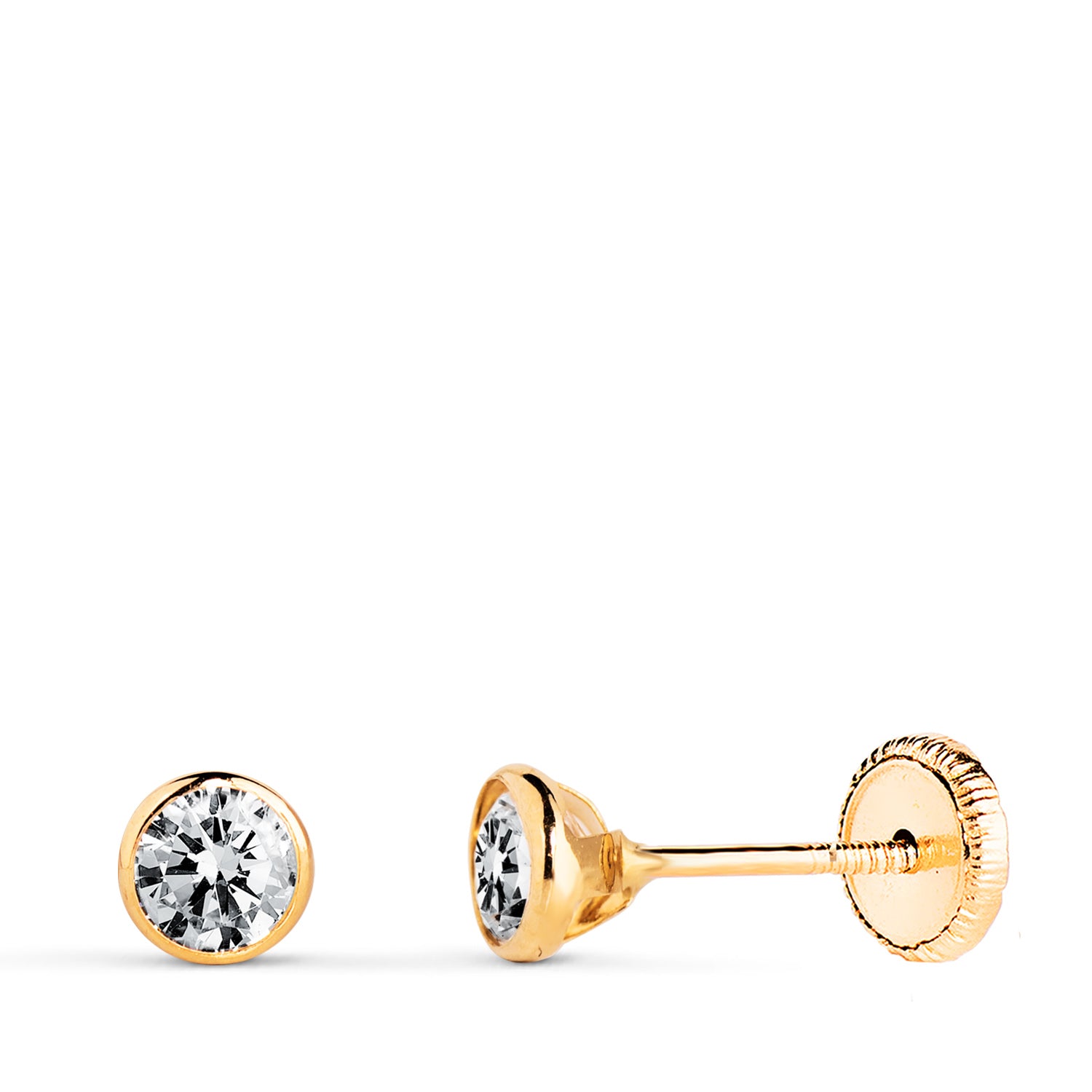 Boucles d'oreilles en Or Jaune 18 Carats, Chaton Rond Bocel avec Circonite, Dimensions : 4 Mm, Fermeture à Écrou