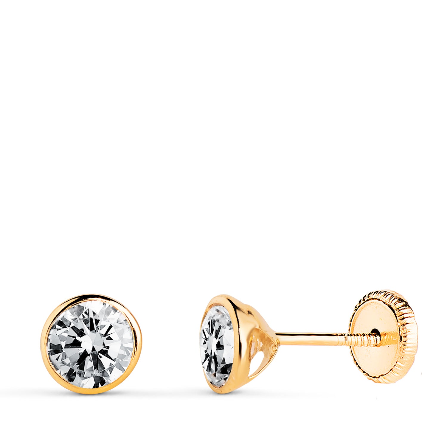 Boucles d'oreilles en Or Jaune 18 Carats, Chaton Rond Bocel avec Circonite, Dimensions : 5 Mm, Fermeture à Vis