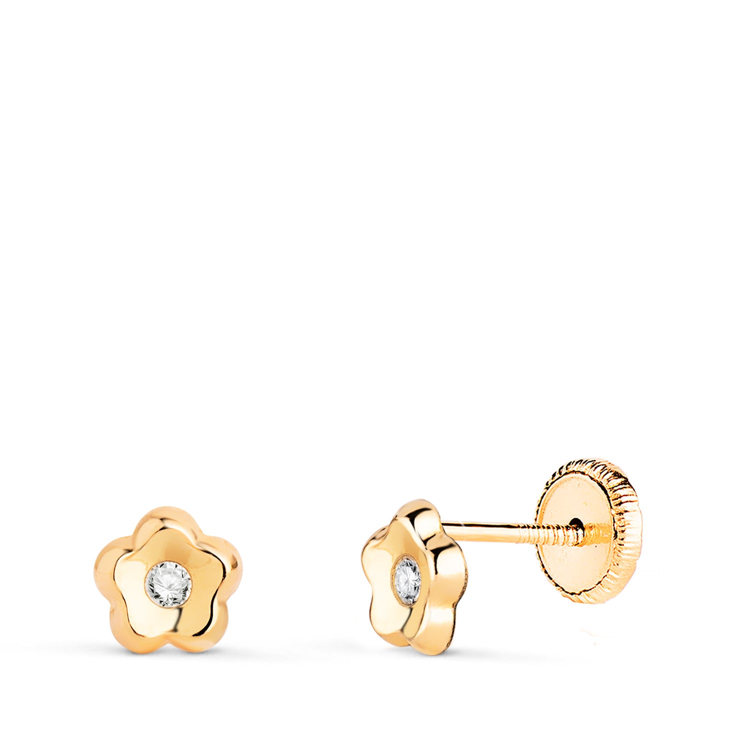Boucles d'oreilles en Or Jaune 18K Fleur avec Zircon Brillant Taille : 5,2 X 5,2 mm Fermeture à Écrou