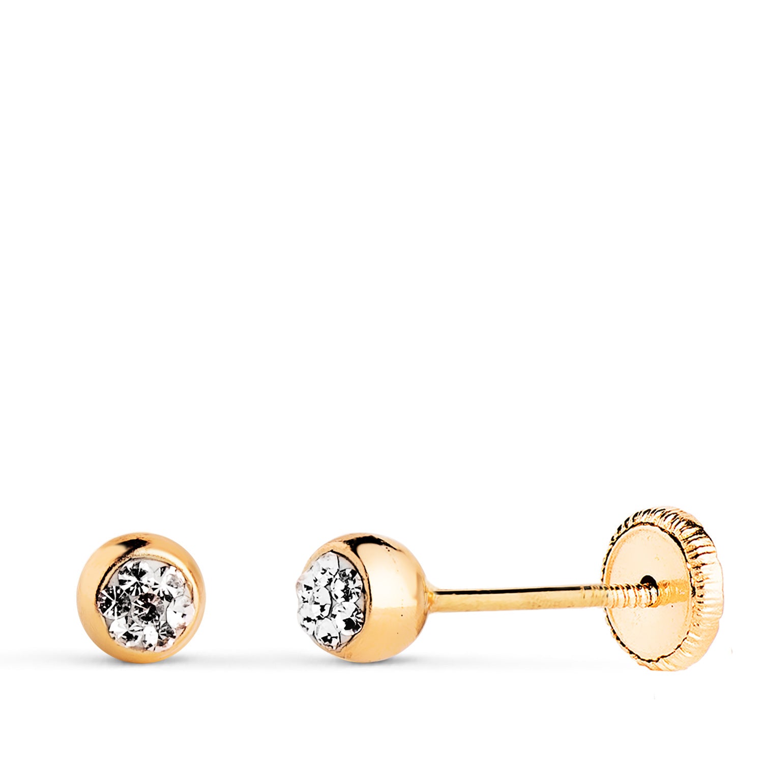 Pendientes Bolas en Oro Amarillo de 18K con Piedras Circonitas Tamaño: 4MM Cierre Tuerca
