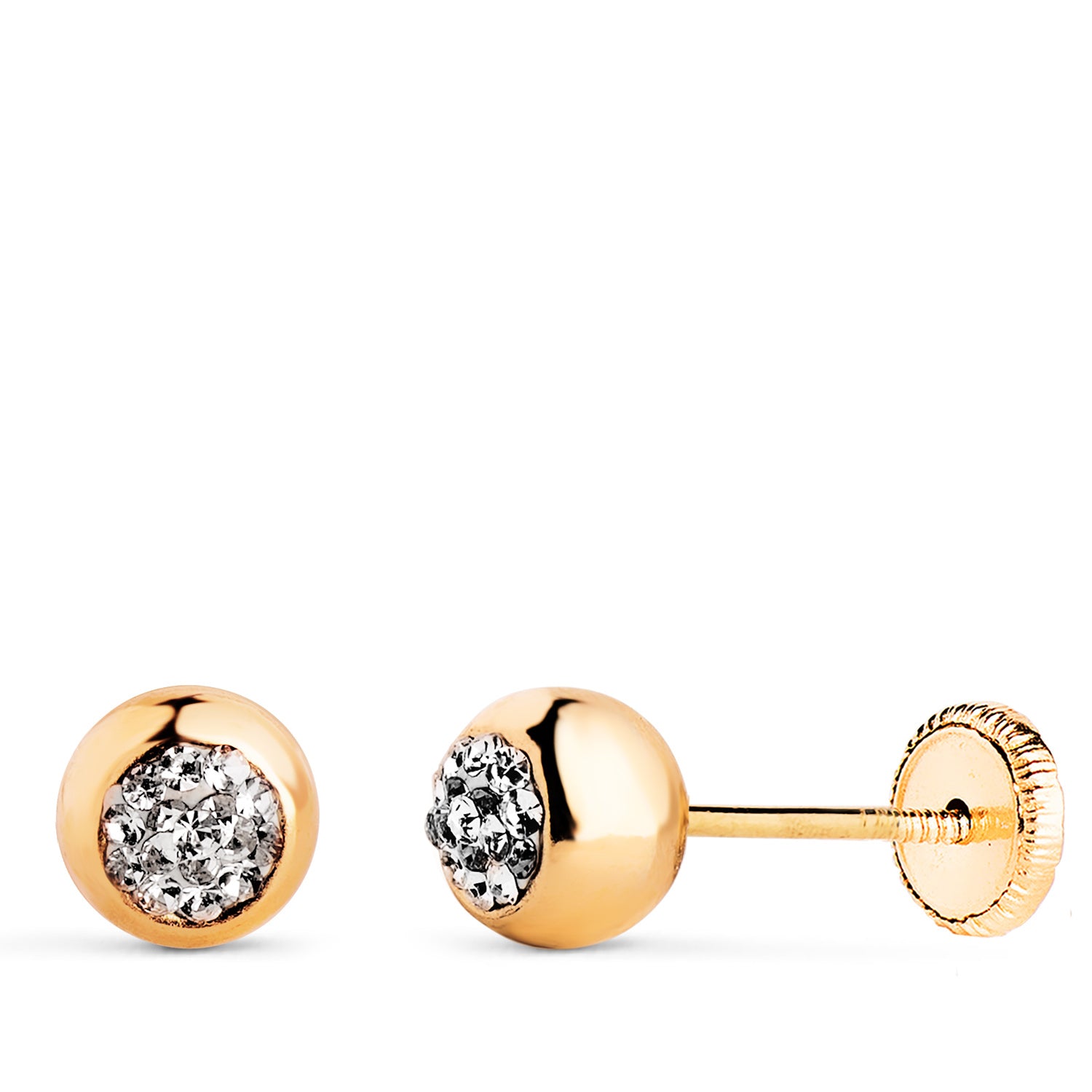 Boucles d'oreilles Boules en Or Jaune 18K avec des Pierres en Zircone Taille : 6MM Fermeture à Écrou