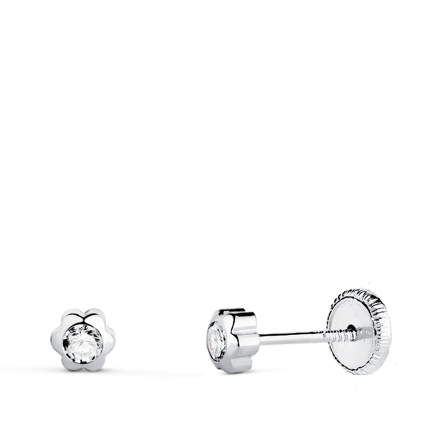 Boucles d'oreilles Or Blanc 18 Carats Marguerite avec Zircon Taille : 4 X 4 mm Fermeture à Vis