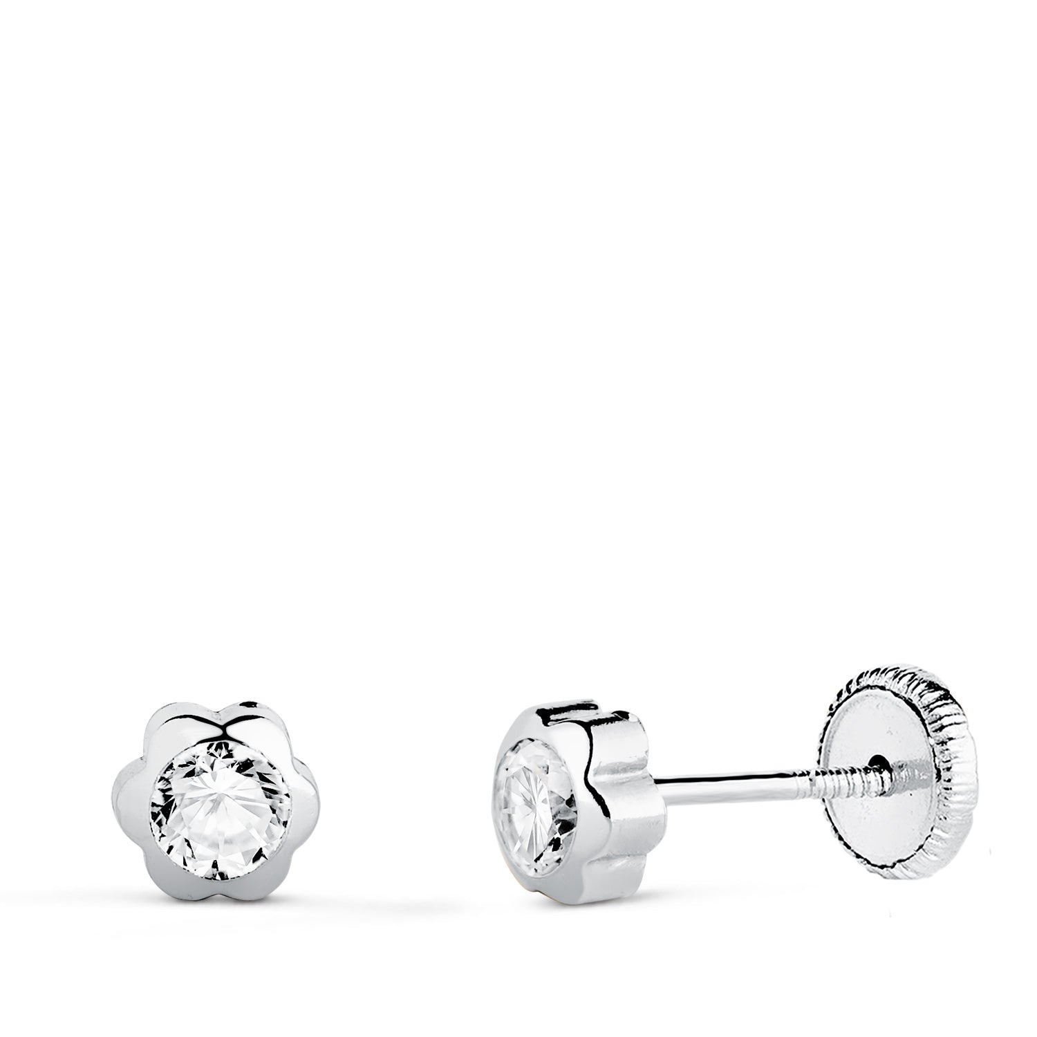 Boucles d'oreilles Or Blanc 18 Carats Marguerite avec Zircon Taille : 5 X 5 mm Fermeture à Vis