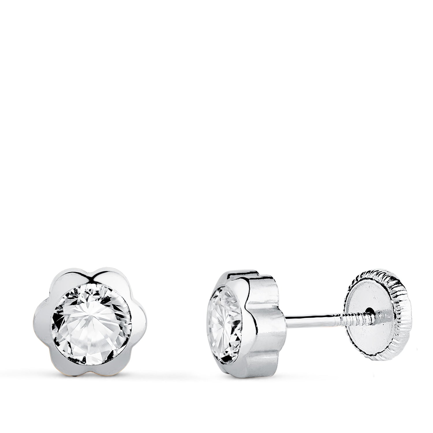 ジルコン付き 18K ホワイト ゴールド デイジー イヤリング サイズ: 6 x 6 mm ネジ留め