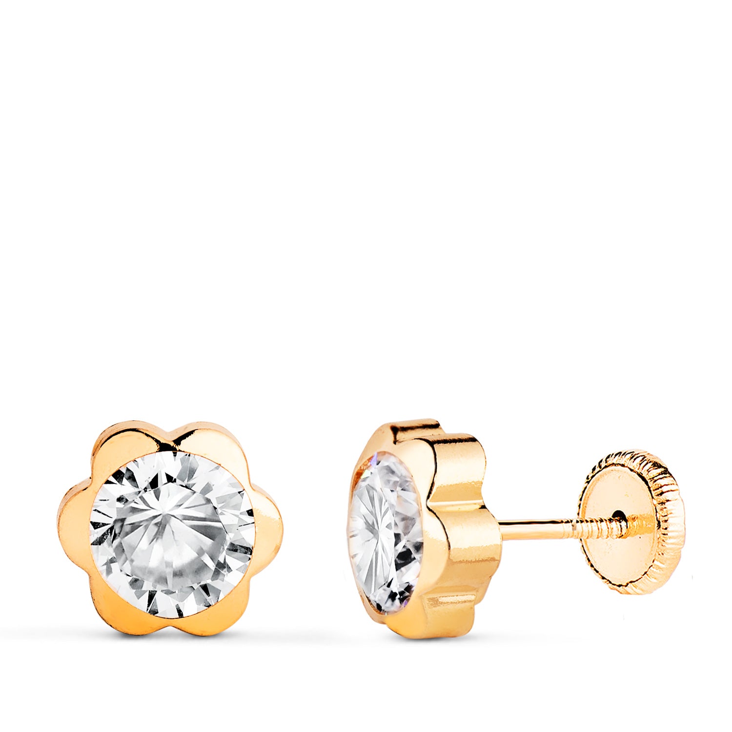Boucles d'oreilles Or Jaune 18K Marguerite avec Zircon Taille : 7,5 X 7,5 mm Fermeture à Vis