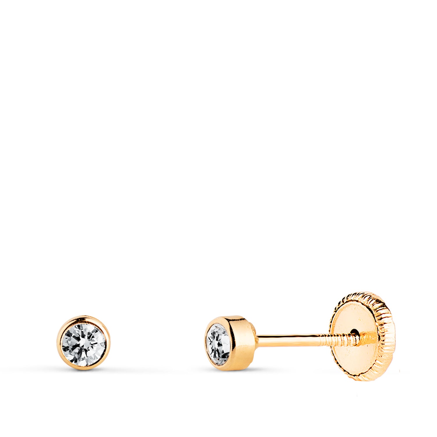 18K イエロー ゴールド ジルコン ラウンド イヤリング 3 mm スクリュー クラスプ