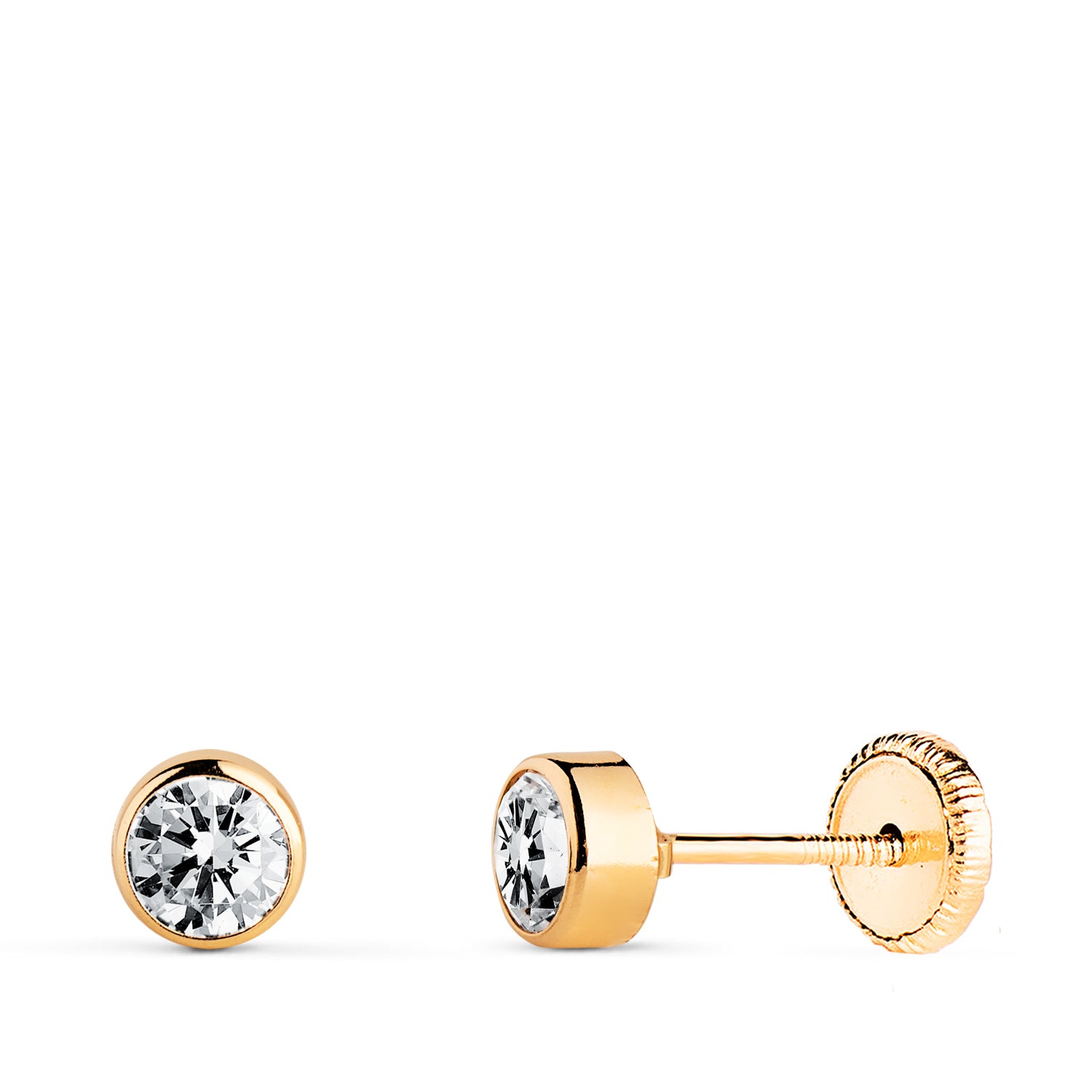 18K イエロー ゴールド ジルコン ラウンド イヤリング 4 mm スクリュー クラスプ