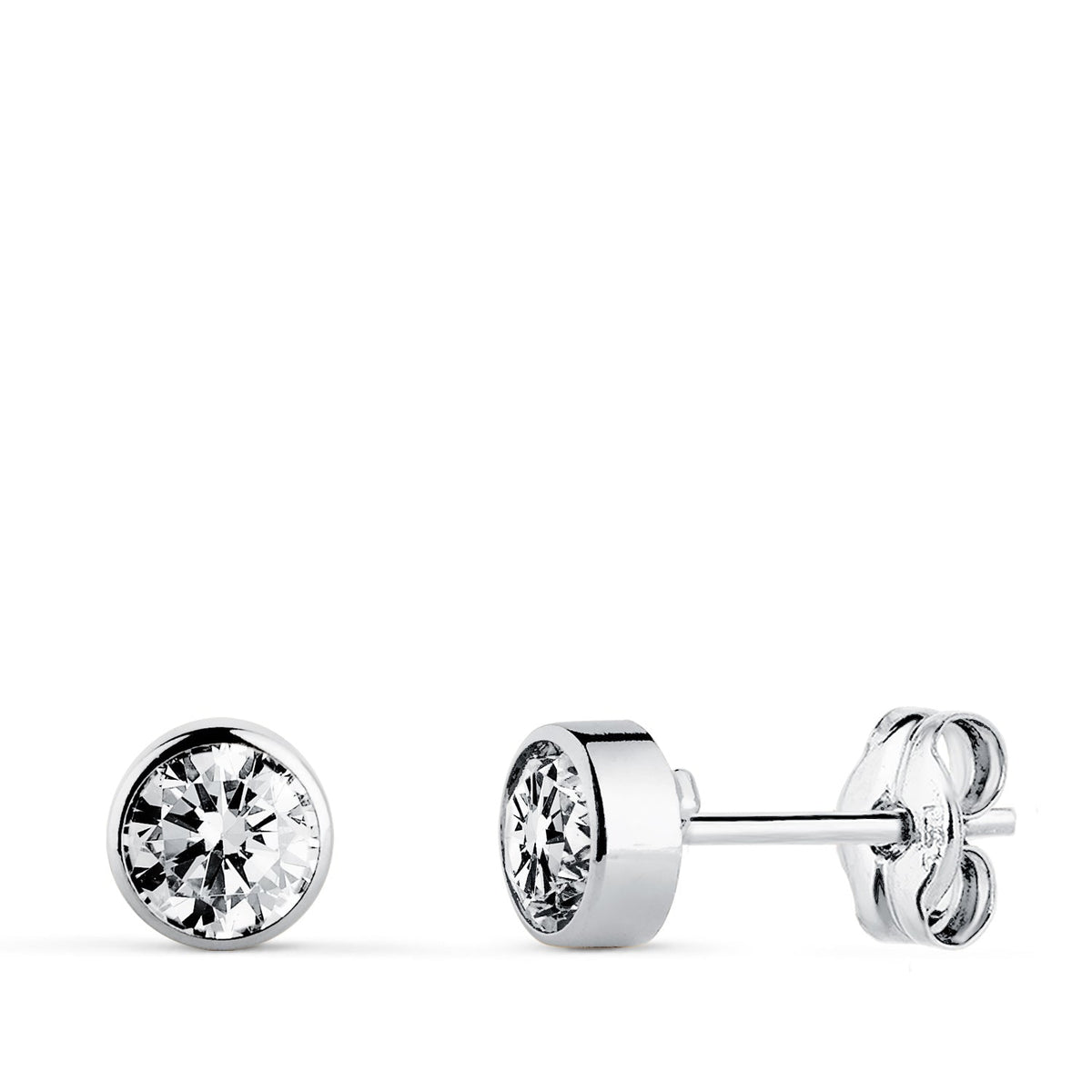 Clous d'oreilles oxyde de zirconium rond – Or 18 carats – 5 mm / Or blanc / Poussette