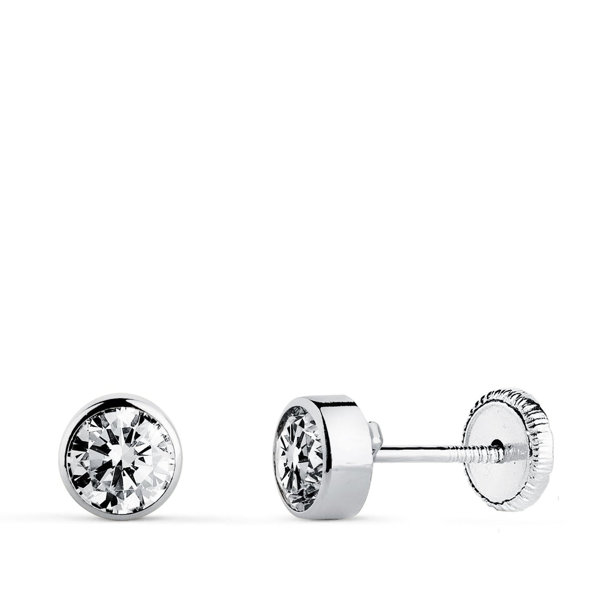 Clous d'oreilles oxyde de zirconium rond – Or 18 carats – 5 mm / Or blanc / Vis