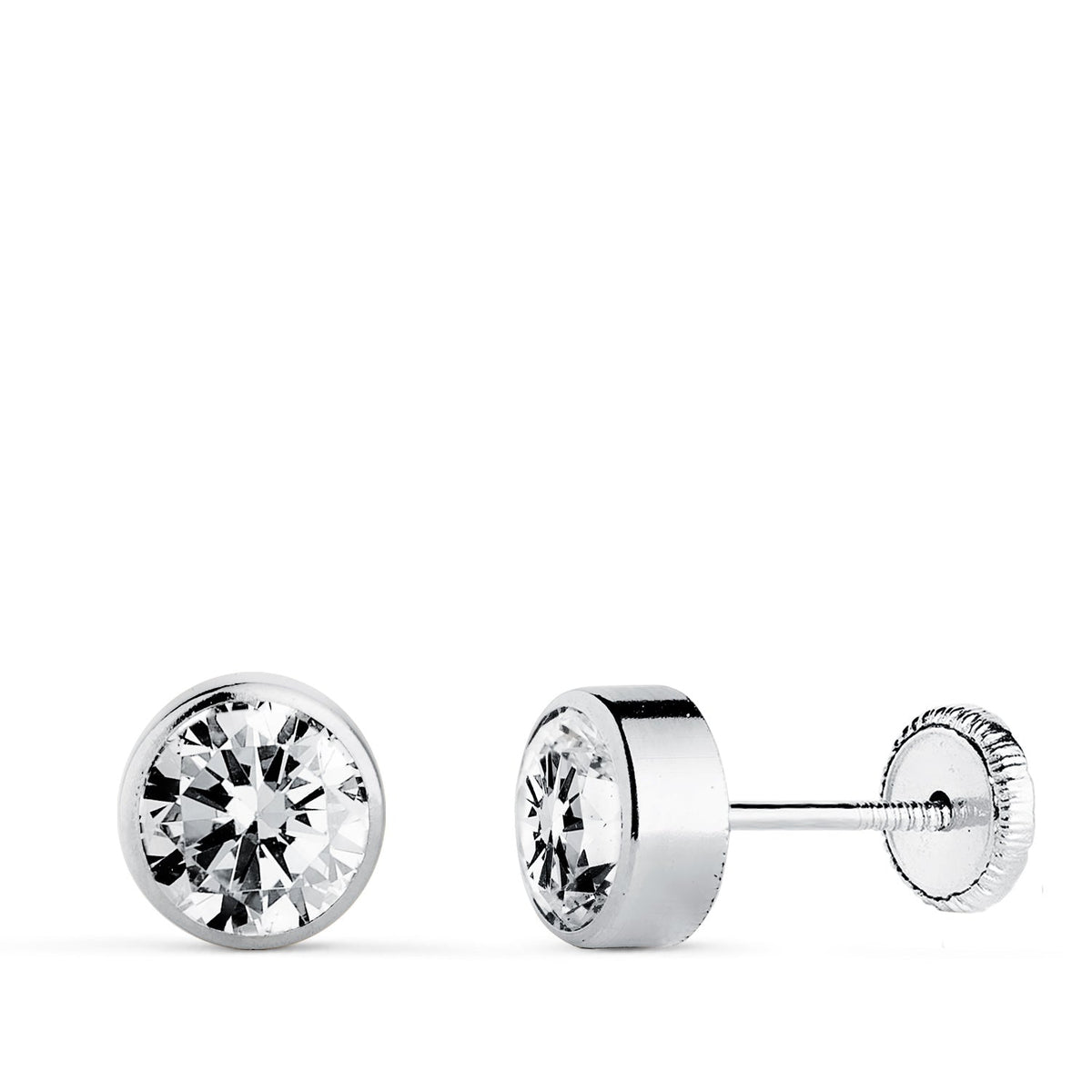 Clous d'oreilles oxyde de zirconium rond – Or 18 carats – 6 mm / Or blanc / Vis