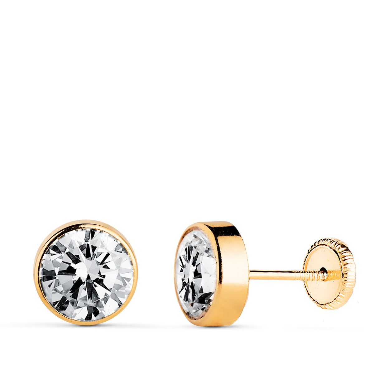 Boucles d'oreilles chaton rondes oxyde de zirconium – Or 18 carats – Or jaune / Vis